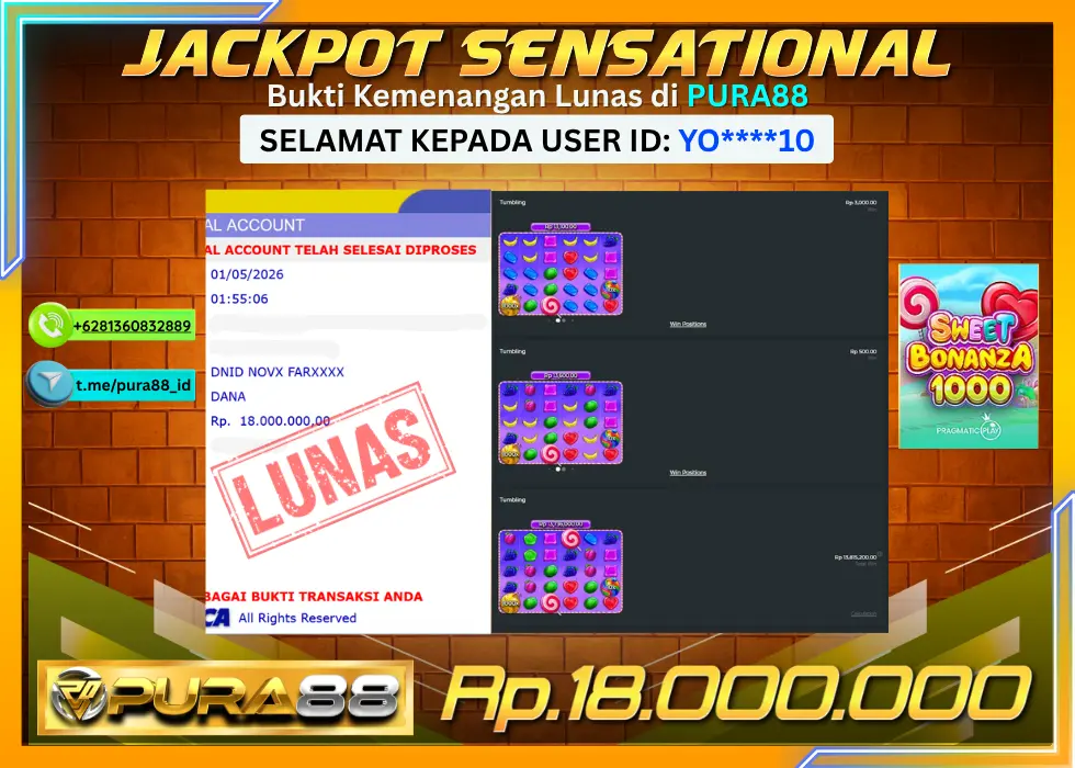 PURA88 JACKPOT SWEET BONANZA 1000 Rp 18.000.000,- LUNAS